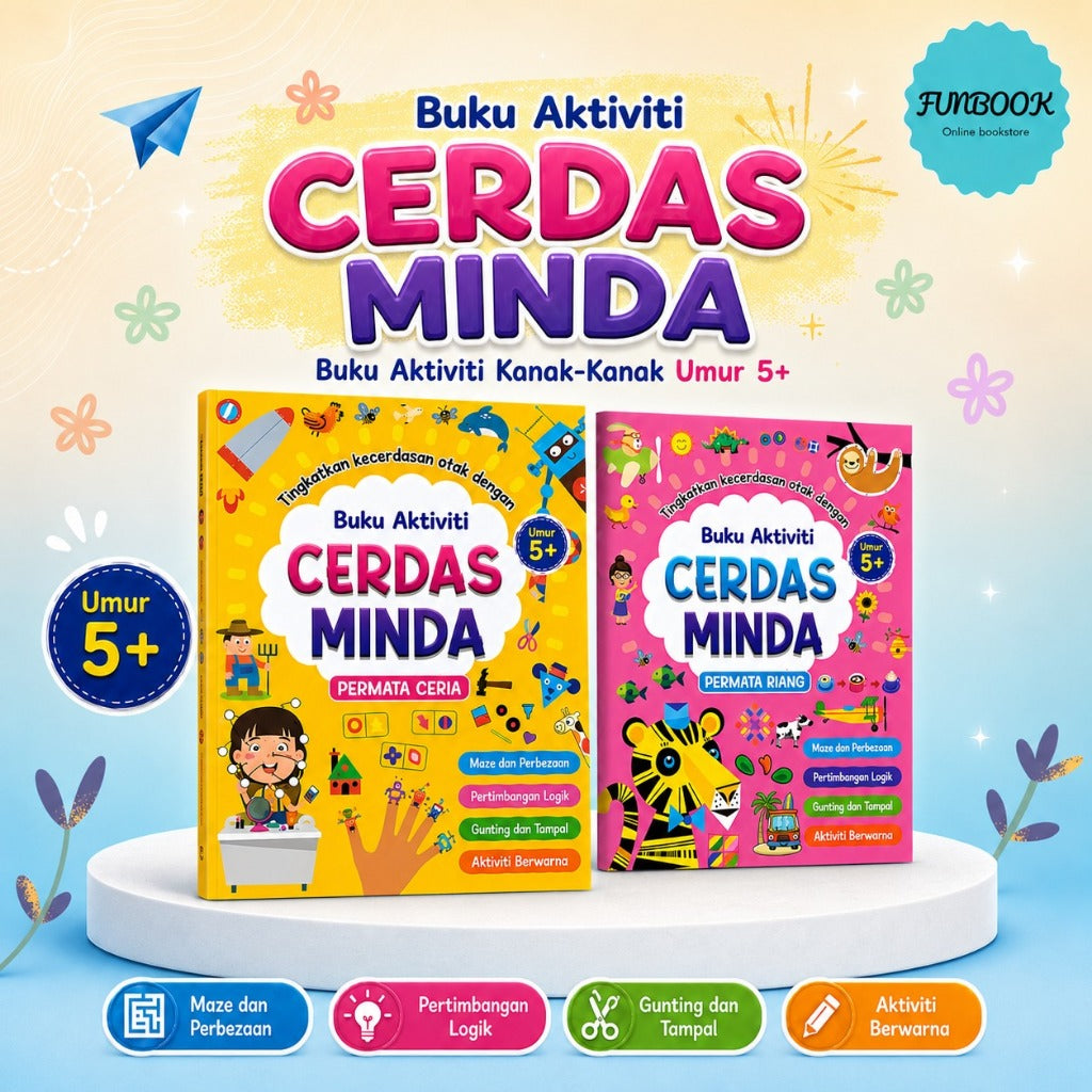 Buku Aktiviti Cerdas Minda Kanak-Kanak Umur 5+ | Latihan Maze, Logik, Gunting & Tampal