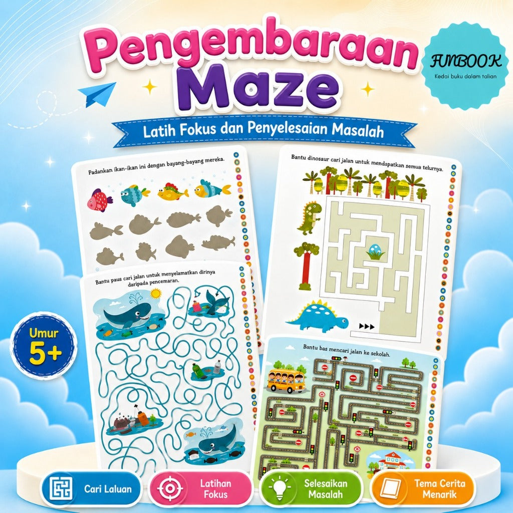 Buku Aktiviti Cerdas Minda Kanak-Kanak Umur 5+ | Latihan Maze, Logik, Gunting & Tampal