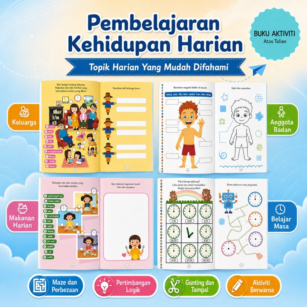 Buku Aktiviti Cerdas Minda Kanak-Kanak Umur 5+ | Latihan Maze, Logik, Gunting & Tampal