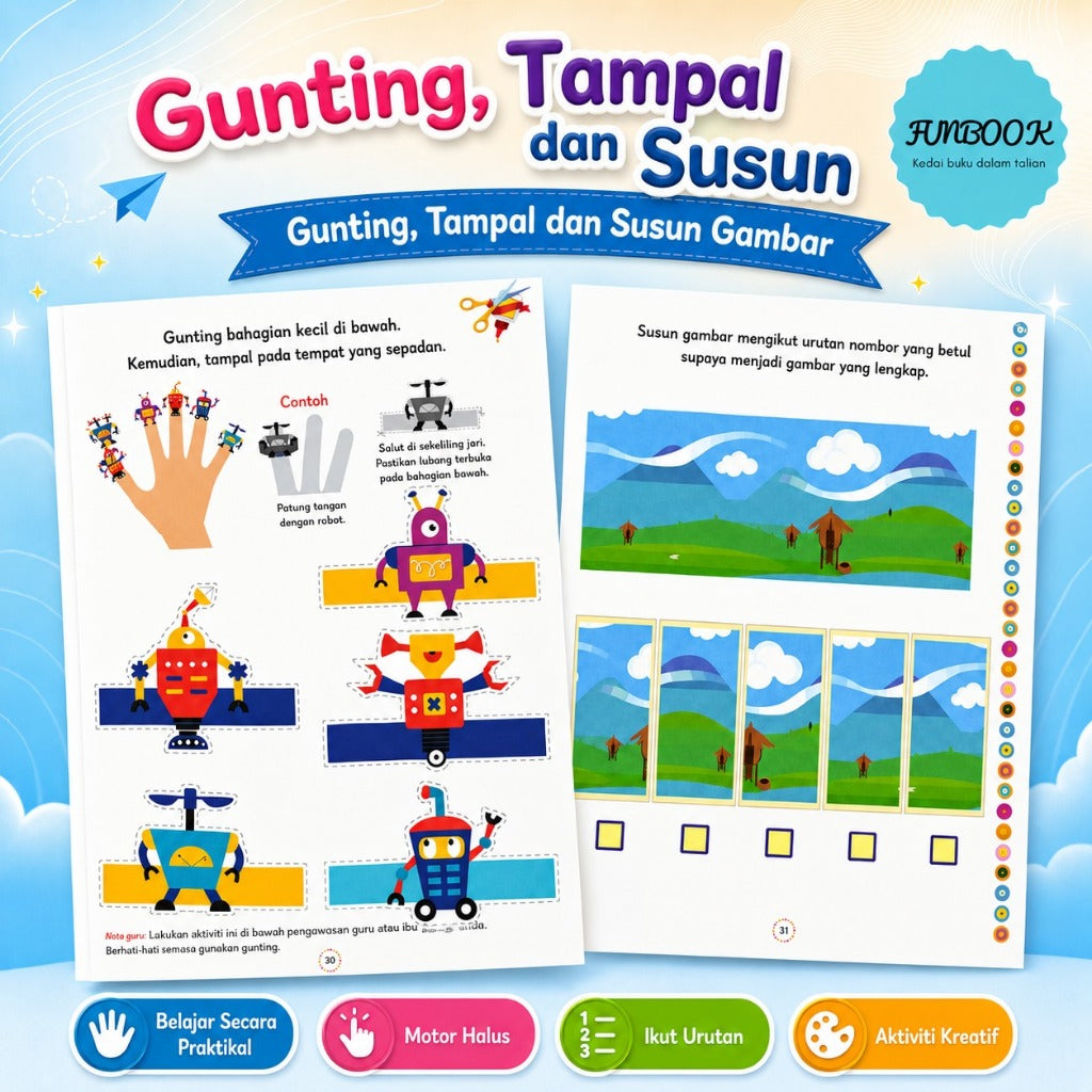 Buku Aktiviti Cerdas Minda Kanak-Kanak Umur 5+ | Latihan Maze, Logik, Gunting & Tampal