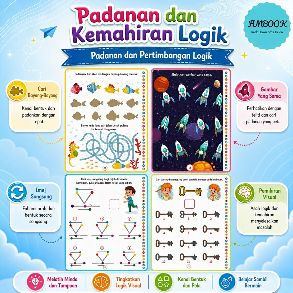 Buku Aktiviti Cerdas Minda Kanak-Kanak Umur 5+ | Latihan Maze, Logik, Gunting & Tampal
