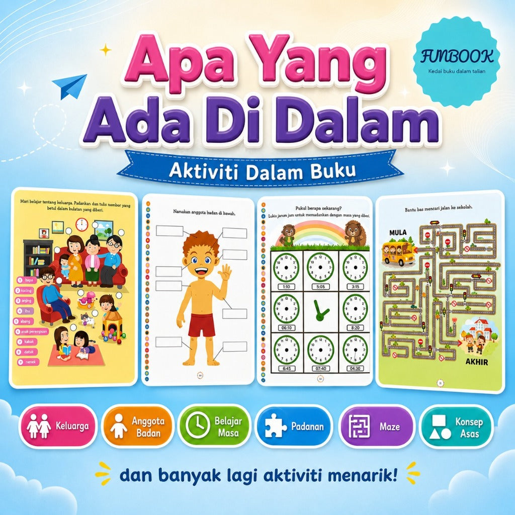 Buku Aktiviti Cerdas Minda Kanak-Kanak Umur 5+ | Latihan Maze, Logik, Gunting & Tampal