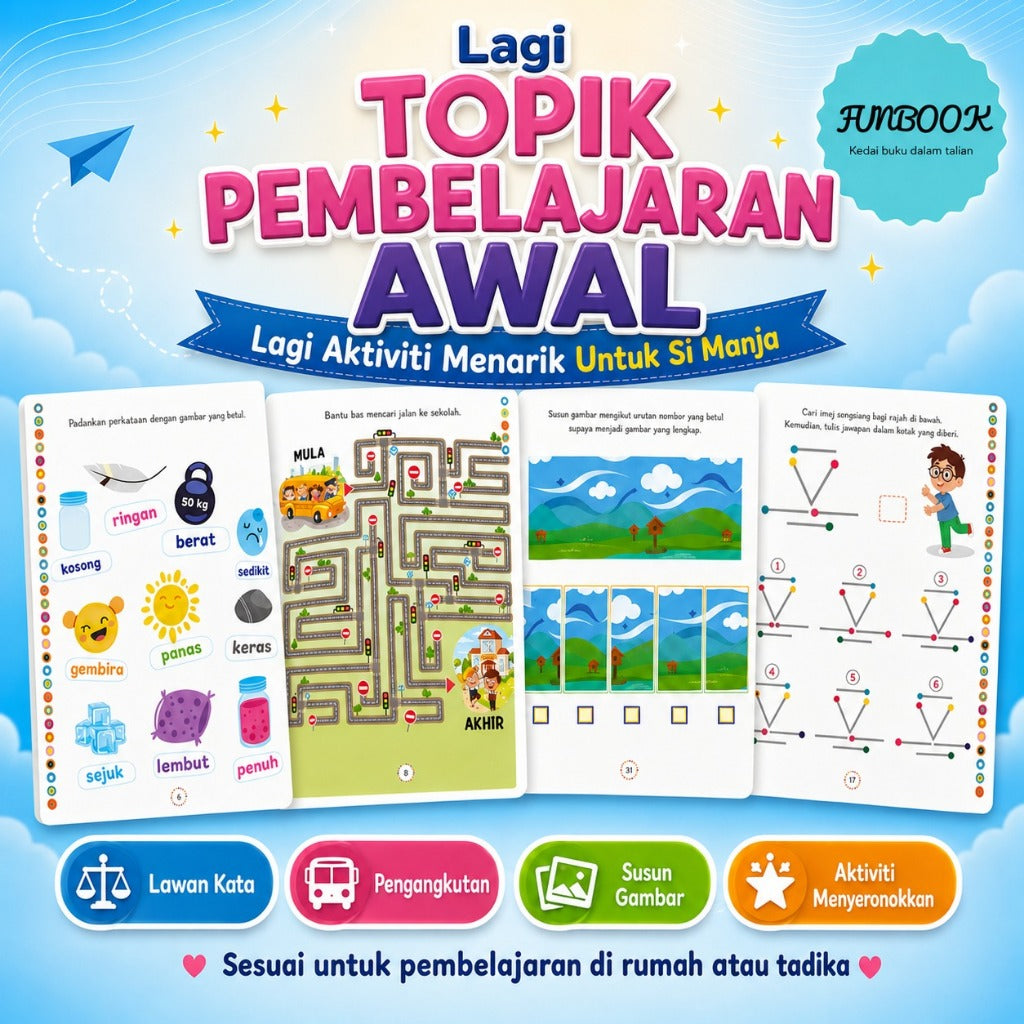 Buku Aktiviti Cerdas Minda Kanak-Kanak Umur 5+ | Latihan Maze, Logik, Gunting & Tampal