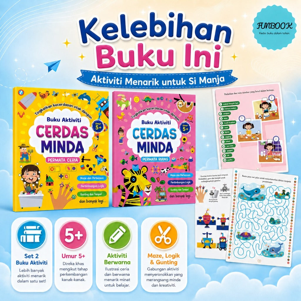 Buku Aktiviti Cerdas Minda Kanak-Kanak Umur 5+ | Latihan Maze, Logik, Gunting & Tampal