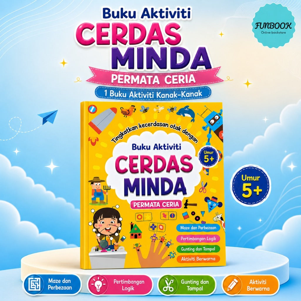 Buku Aktiviti Cerdas Minda Kanak-Kanak Umur 5+ | Latihan Maze, Logik, Gunting & Tampal